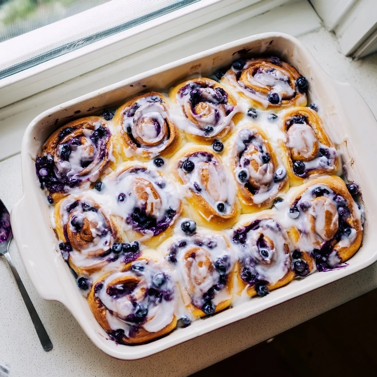 Fresh lemon blueberry rolls drizzled with zesty glaze on a serving platter