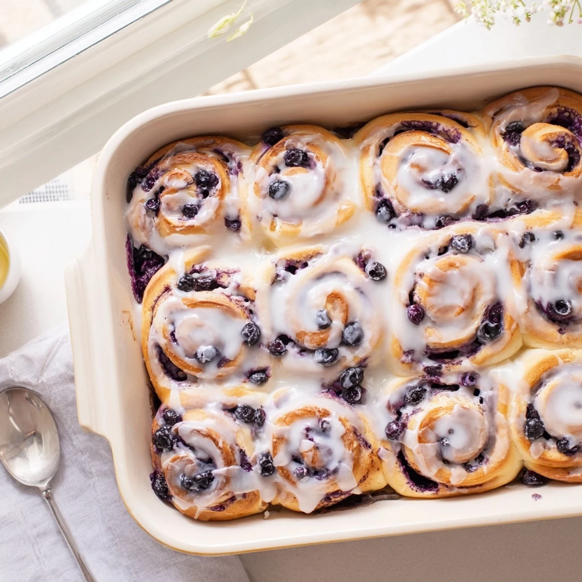 Soft breakfast rolls topped with lemon icing and bursting with blueberries