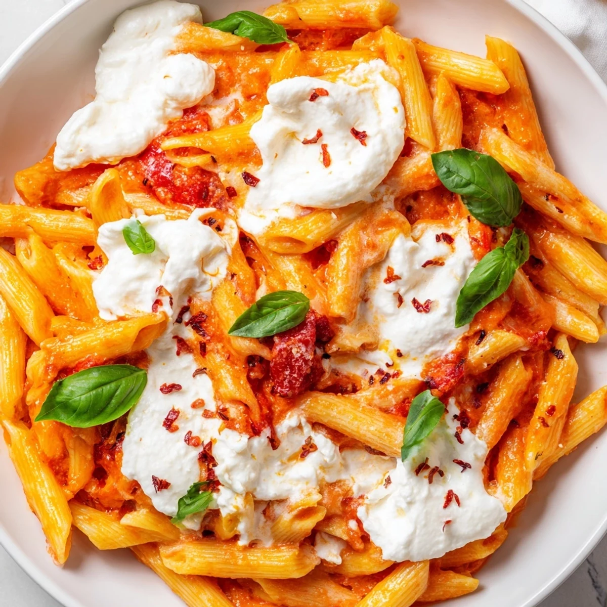 Creamy tomato garlic ricotta penne topped with fresh basil and parmesan cheese
