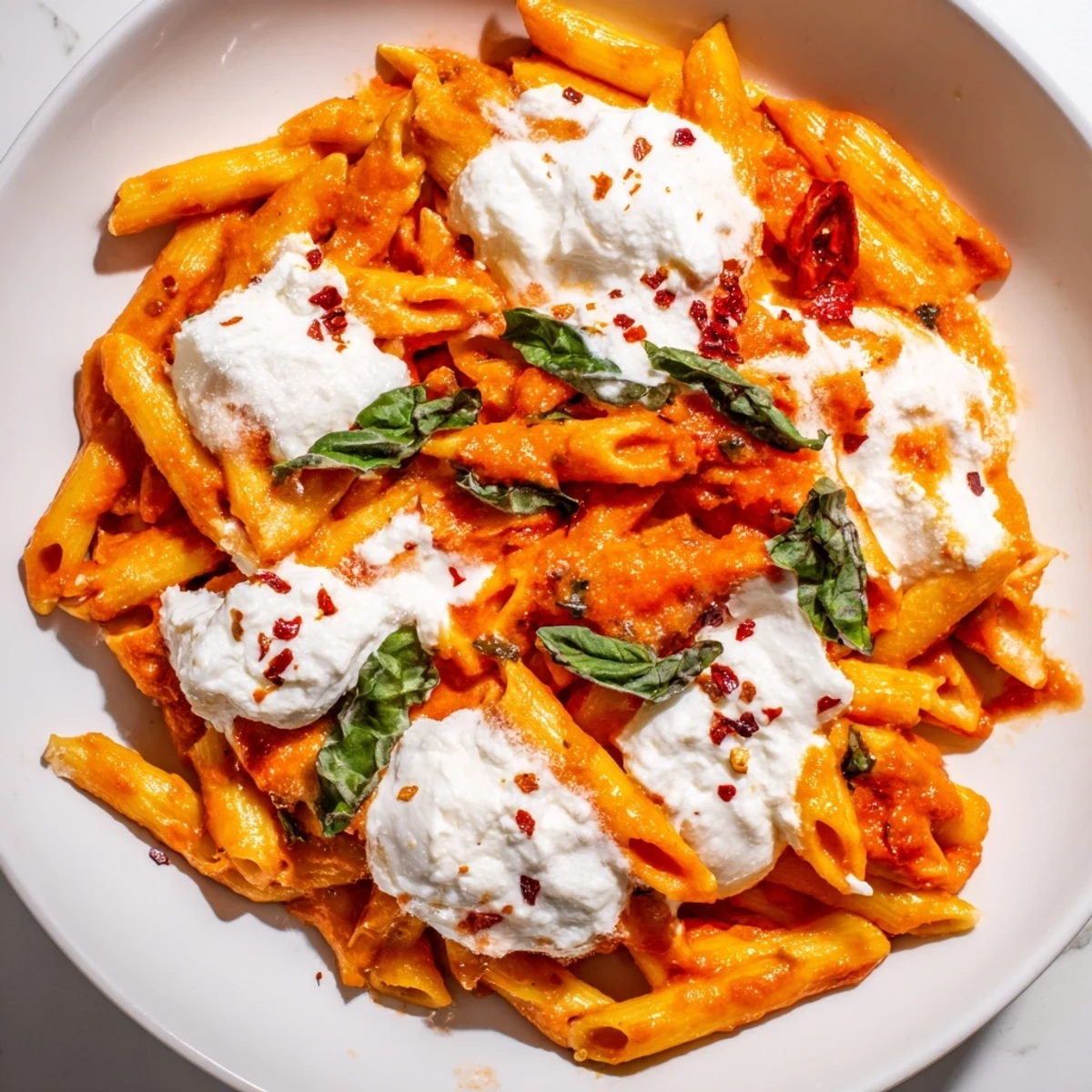 Tender penne pasta coated in rich tomato garlic sauce with creamy ricotta dollops