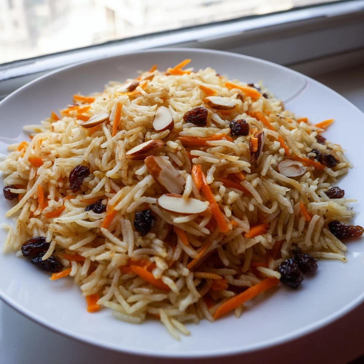 Golden Afghan rice crowned with caramelized carrots, plump raisins, and toasted almonds in a warm spice-infused pilaf