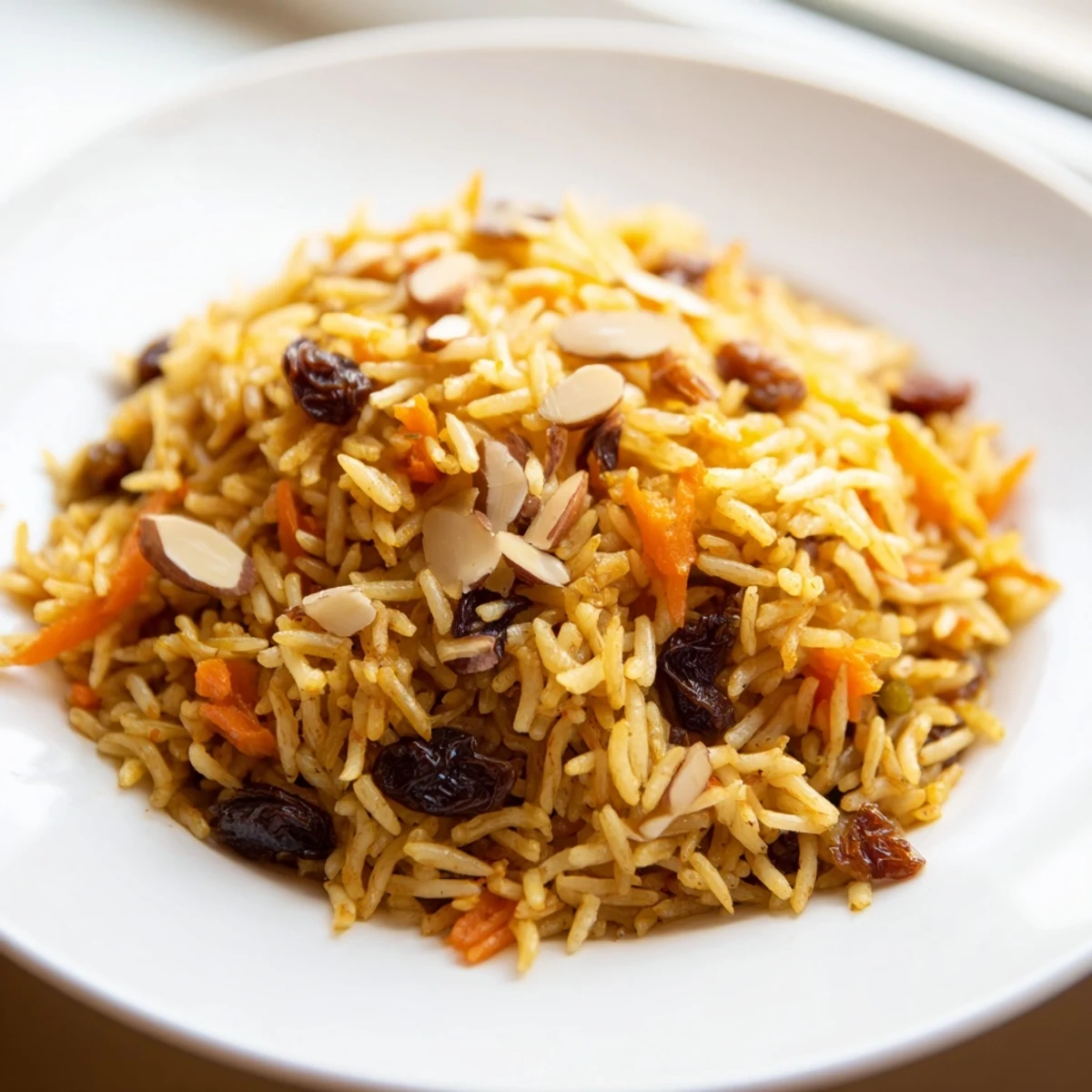 Fragrant Afghan rice steamed with aromatic cardamom and cinnamon, topped with sweet glazed carrots and raisins