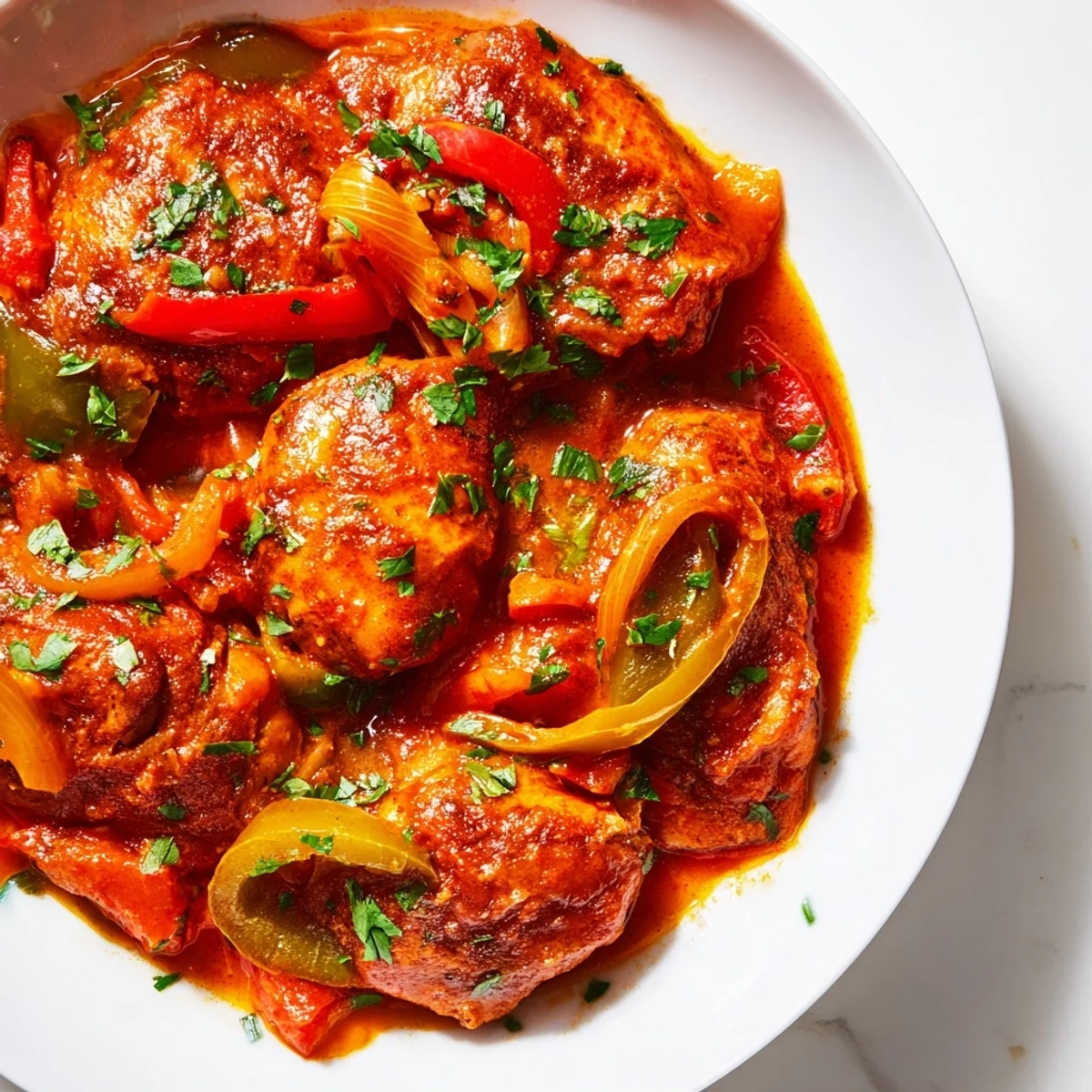 Golden Senegalese chicken simmered in rich tomato sauce with colorful bell peppers and aromatic spices