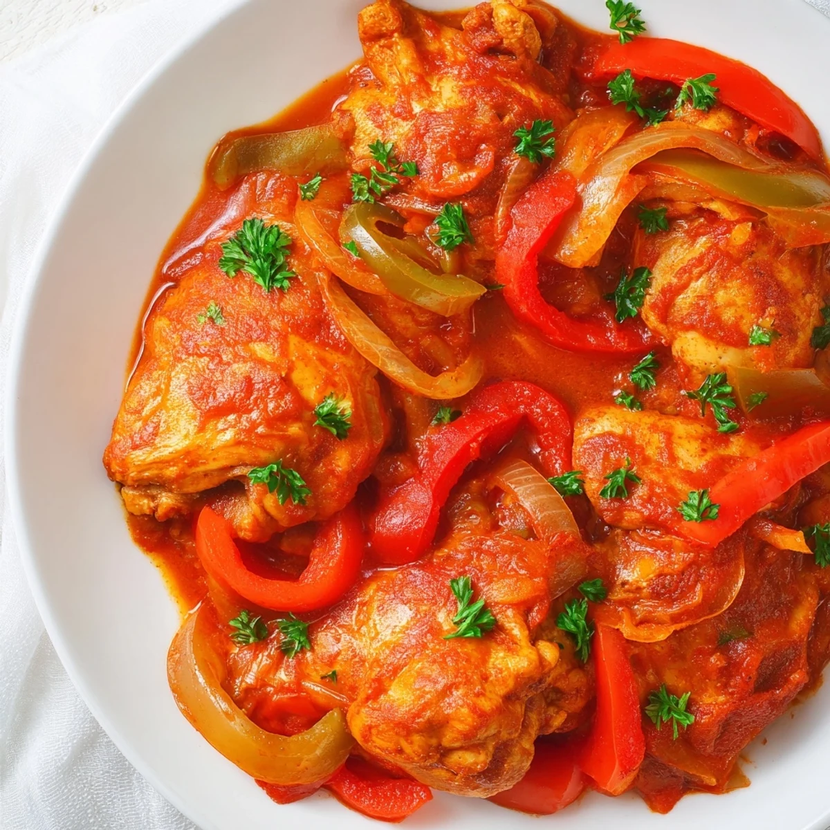 Tender Senegalese chicken pieces nestled in thick, savory onion and tomato stew ready for serving