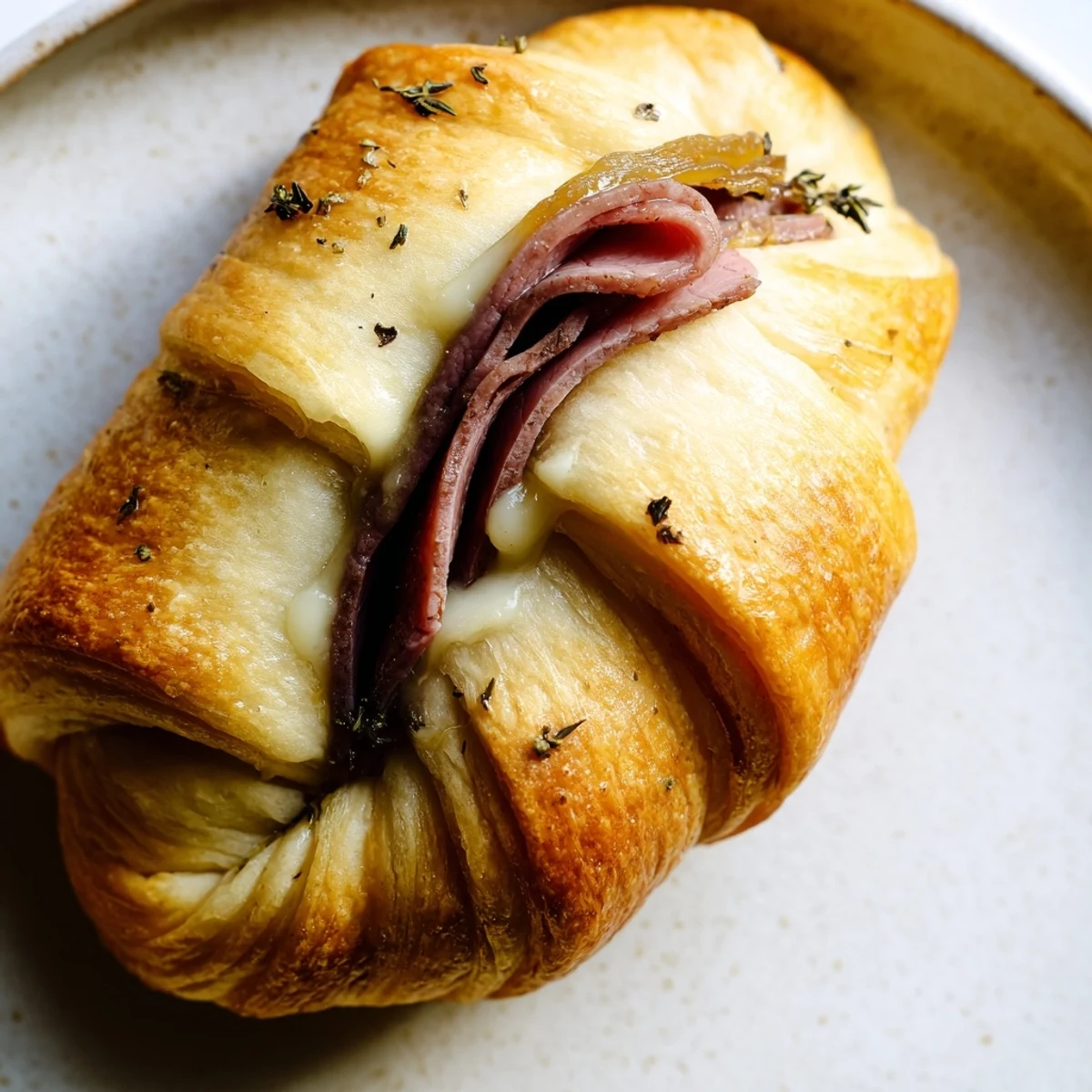 Crescent-wrapped beef and cheese French dip roll ups served hot with savory au jus