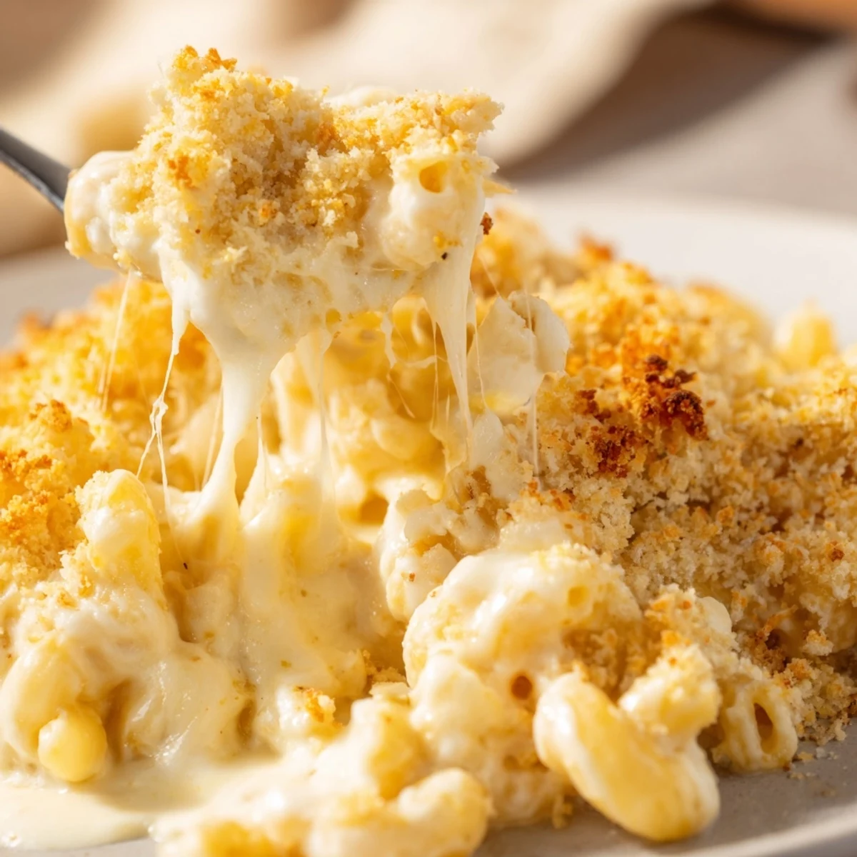 Golden three cheese baked macaroni with bubbling cheese sauce and crispy panko topping