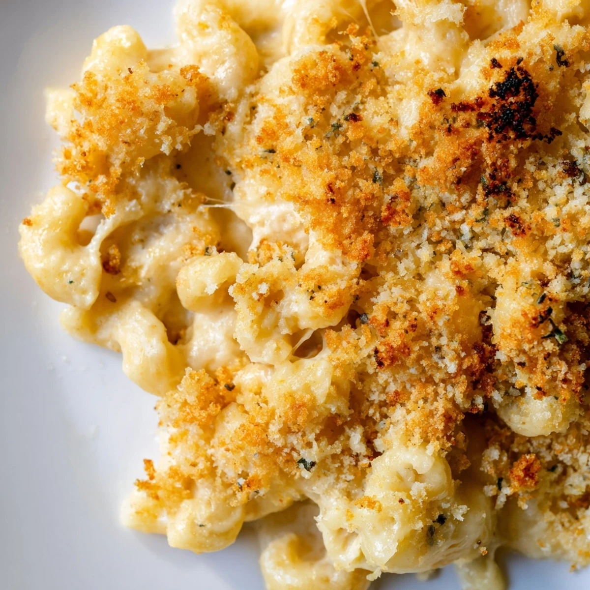 Creamy three cheese baked macaroni served steaming in a rustic white baking dish