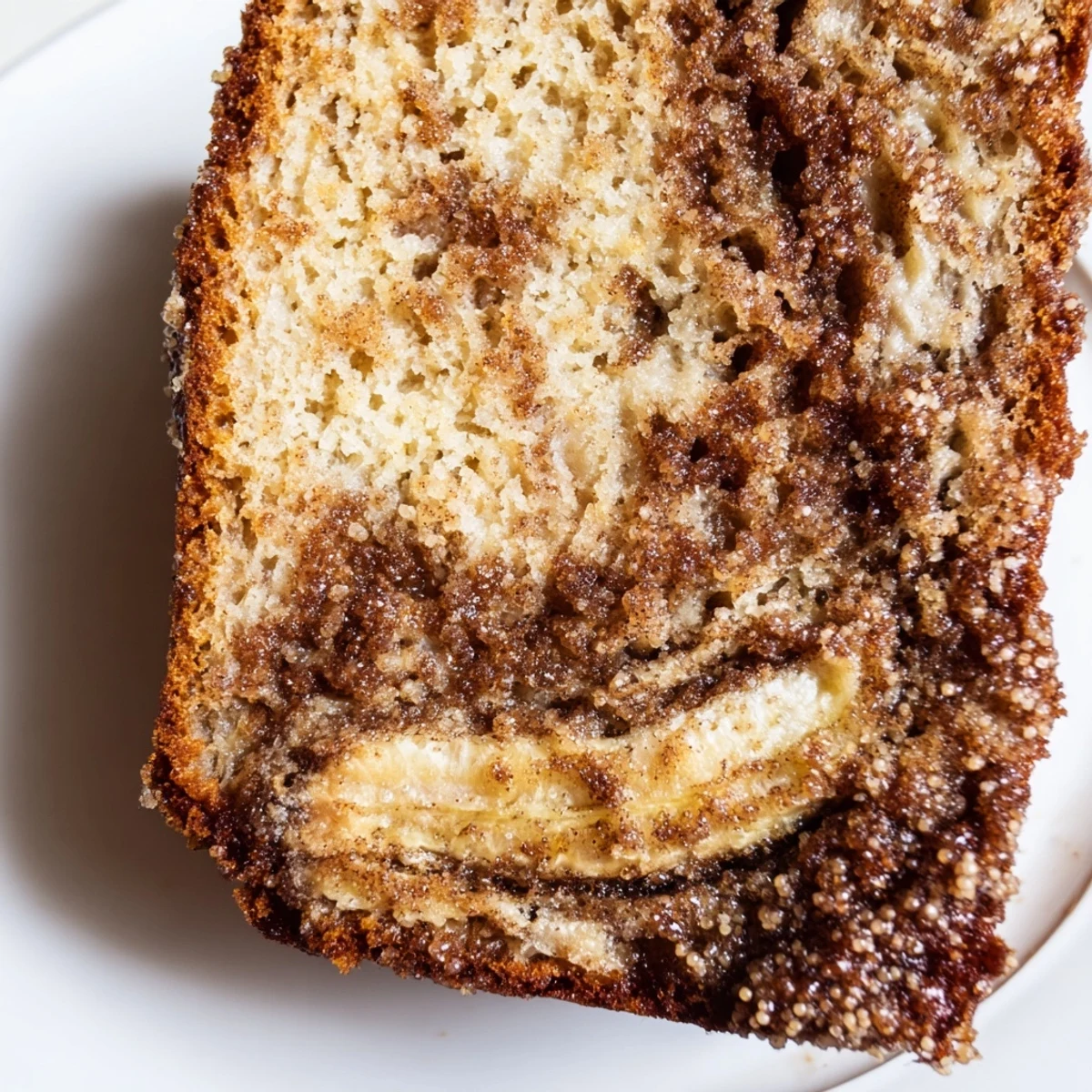 Sliced Cinnamon Sugar Swirl Banana Bread served warm on a rustic wooden cutting board