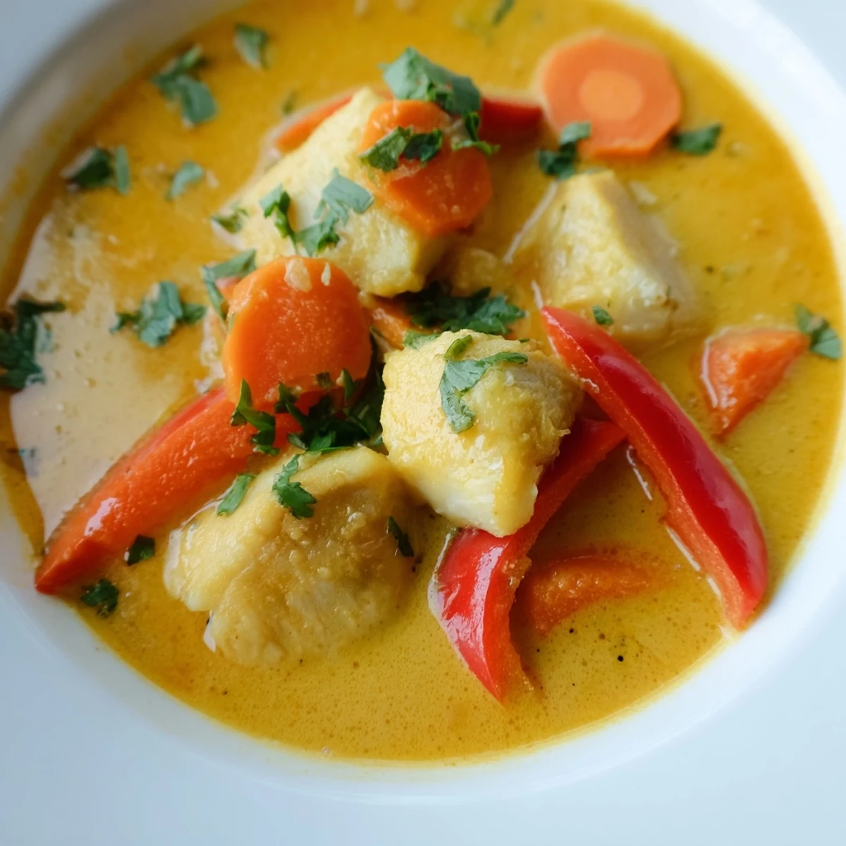 Creamy coconut white fish stew in golden broth with tender vegetables and fresh cilantro garnish