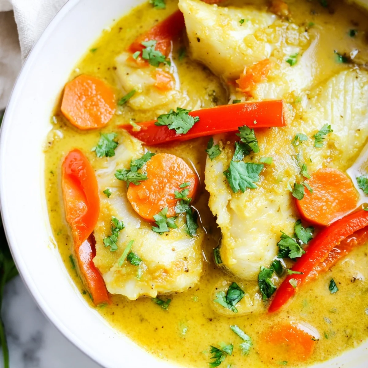 White fish simmered in fragrant coconut milk stew with colorful bell peppers and lime wedges