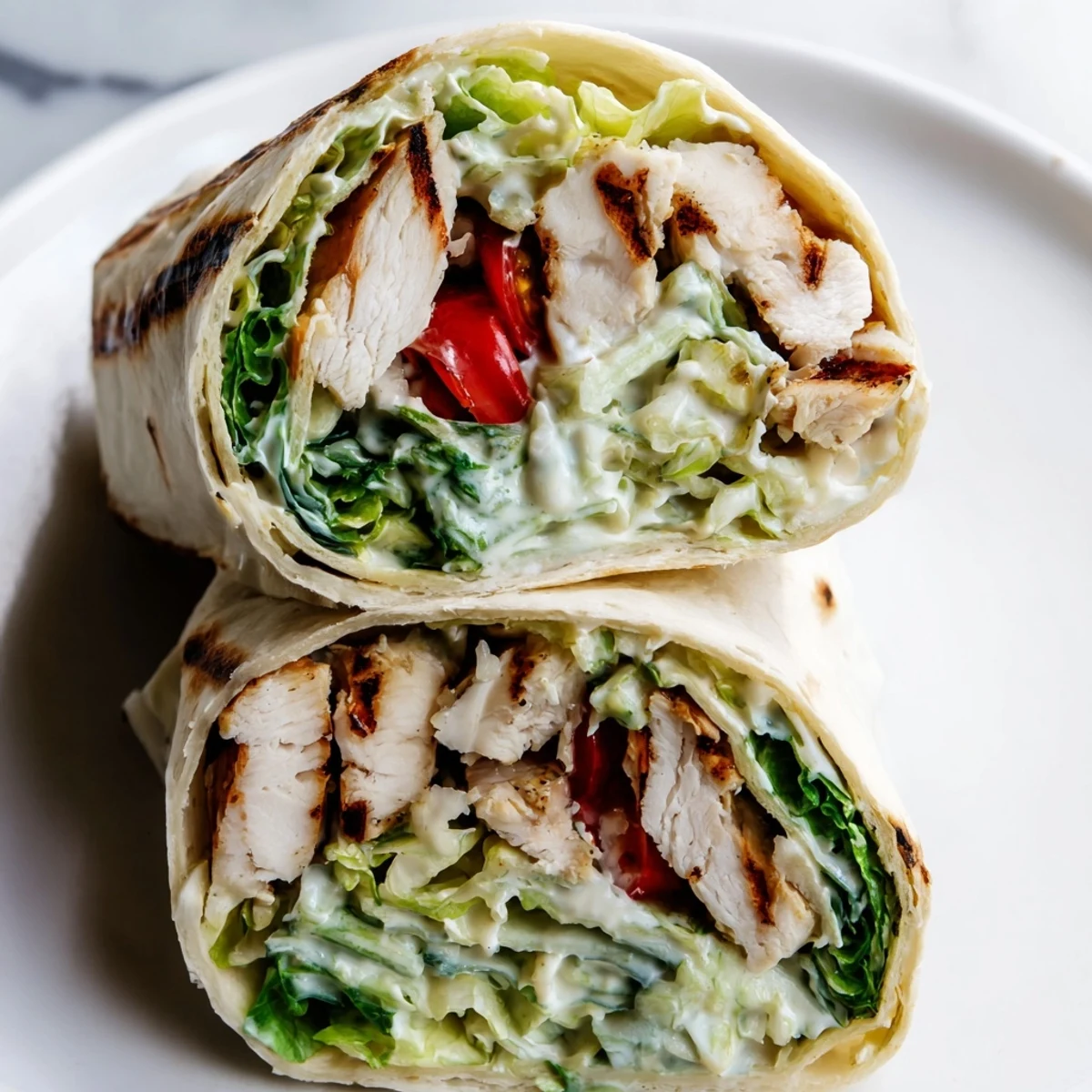Golden Chicken Caesar Wraps sliced in half showing tender grilled chicken and crisp romaine lettuce tucked inside a soft flour tortilla