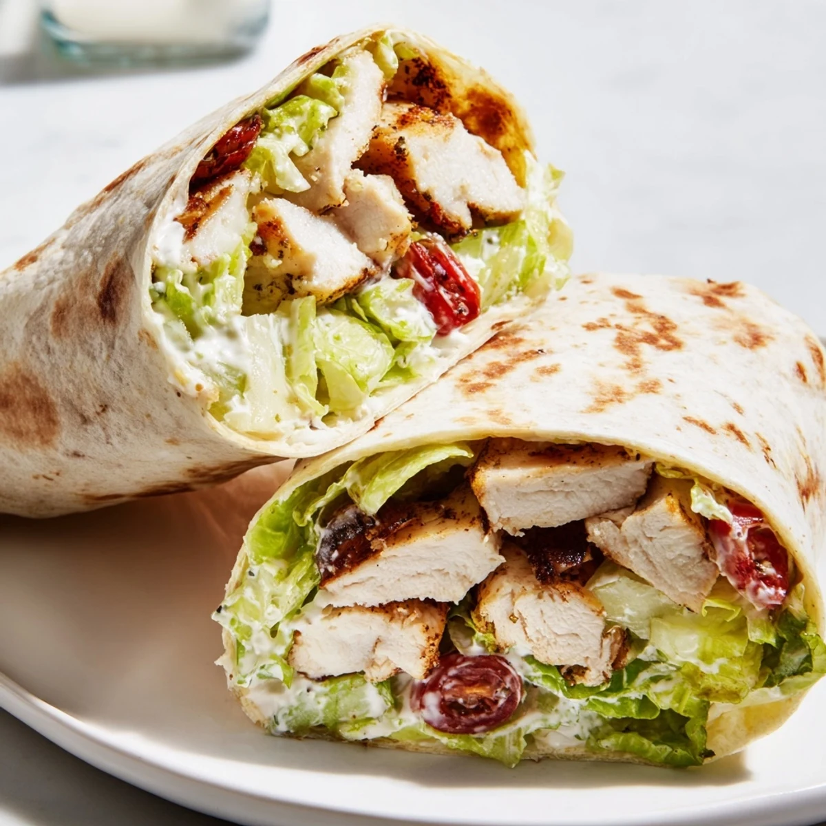 Fresh Chicken Caesar Wraps featuring juicy grilled chicken strips creamy Caesar dressing and crunchy romaine wrapped in a warm tortilla