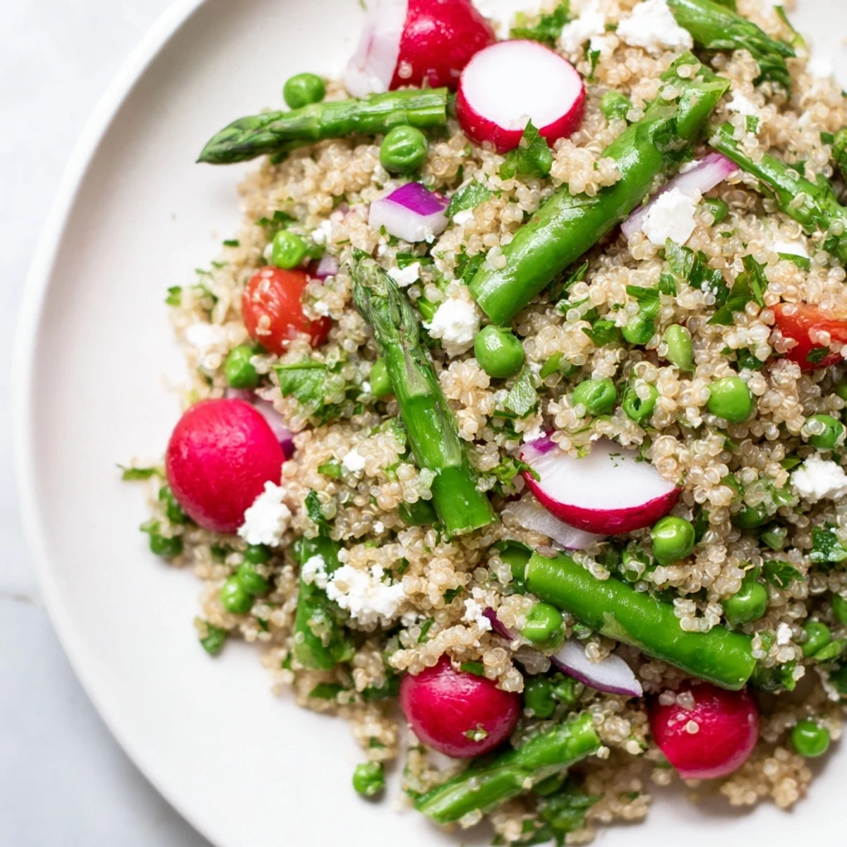 Spring Vegetable Quinoa Salad in a white bowl topped with crumbled feta cheese