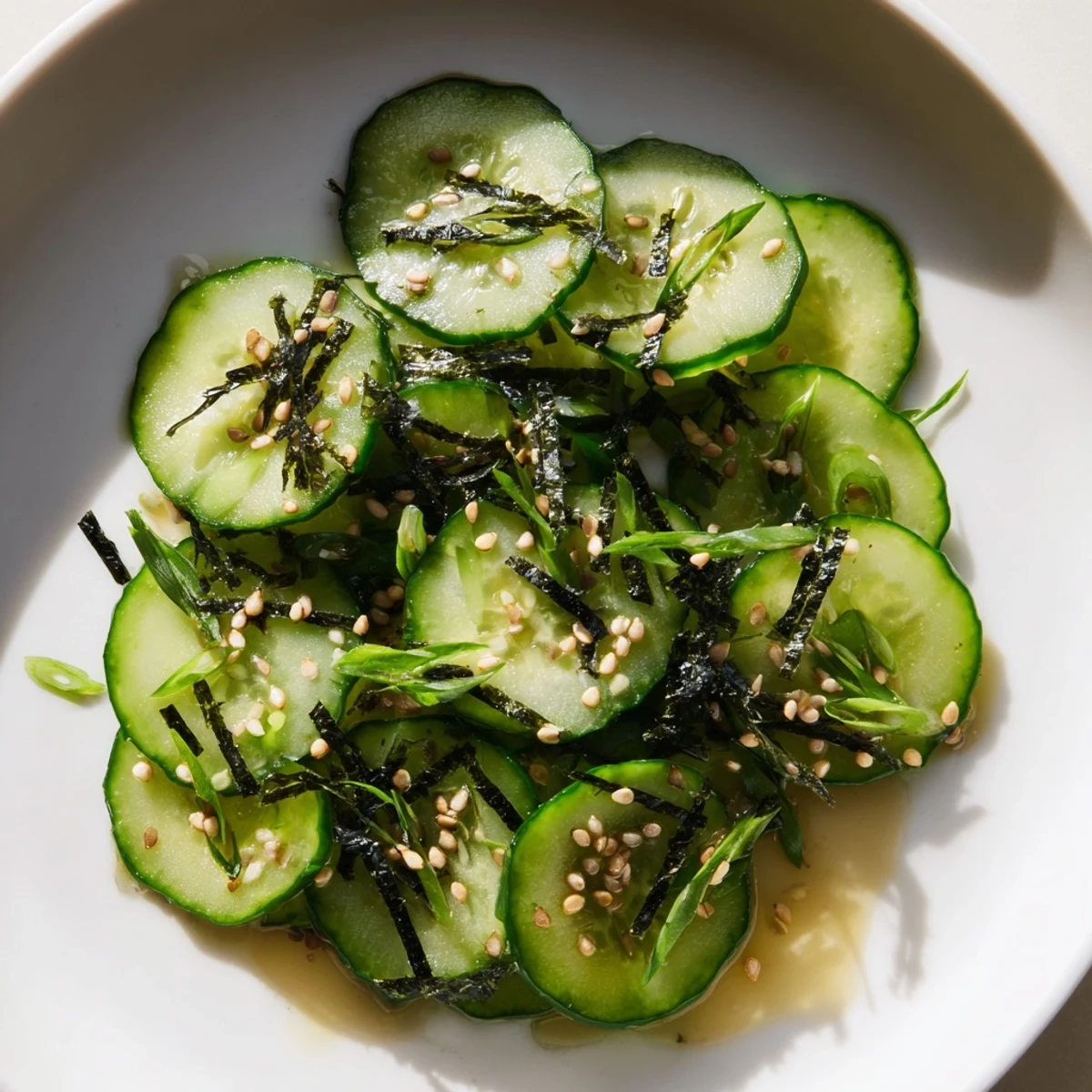 Crisp sushi cucumber salad glistening with tangy rice vinegar and nori strips