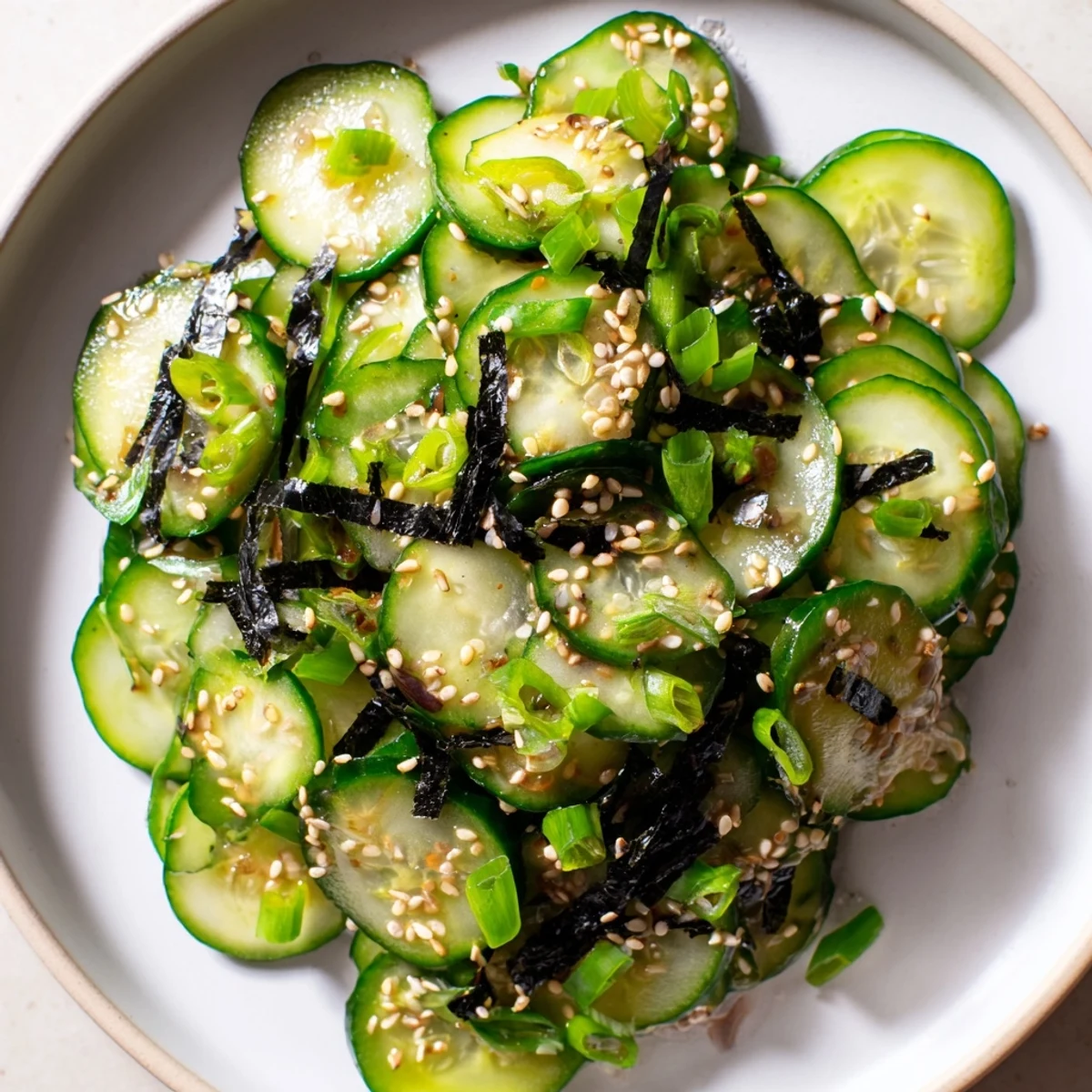 Refreshing sushi cucumber salad tossed in sesame soy dressing on a white plate