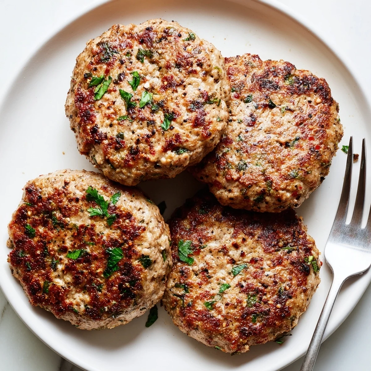 Golden brown ground turkey sausage patties sizzling in a cast iron skillet with savory herbs