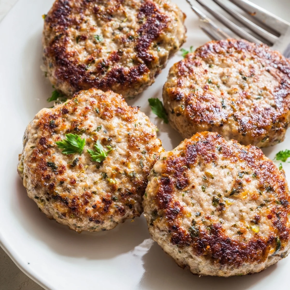 Homemade ground turkey sausage seasoned with sage and paprika on a rustic serving plate