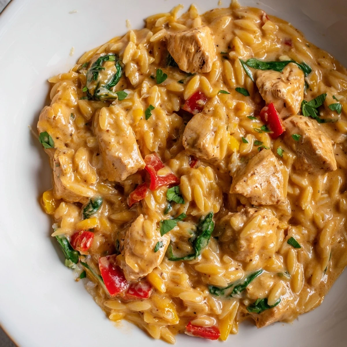 Creamy One Pot Cajun Chicken Alfredo Orzo in a rustic skillet with fresh parsley garnish