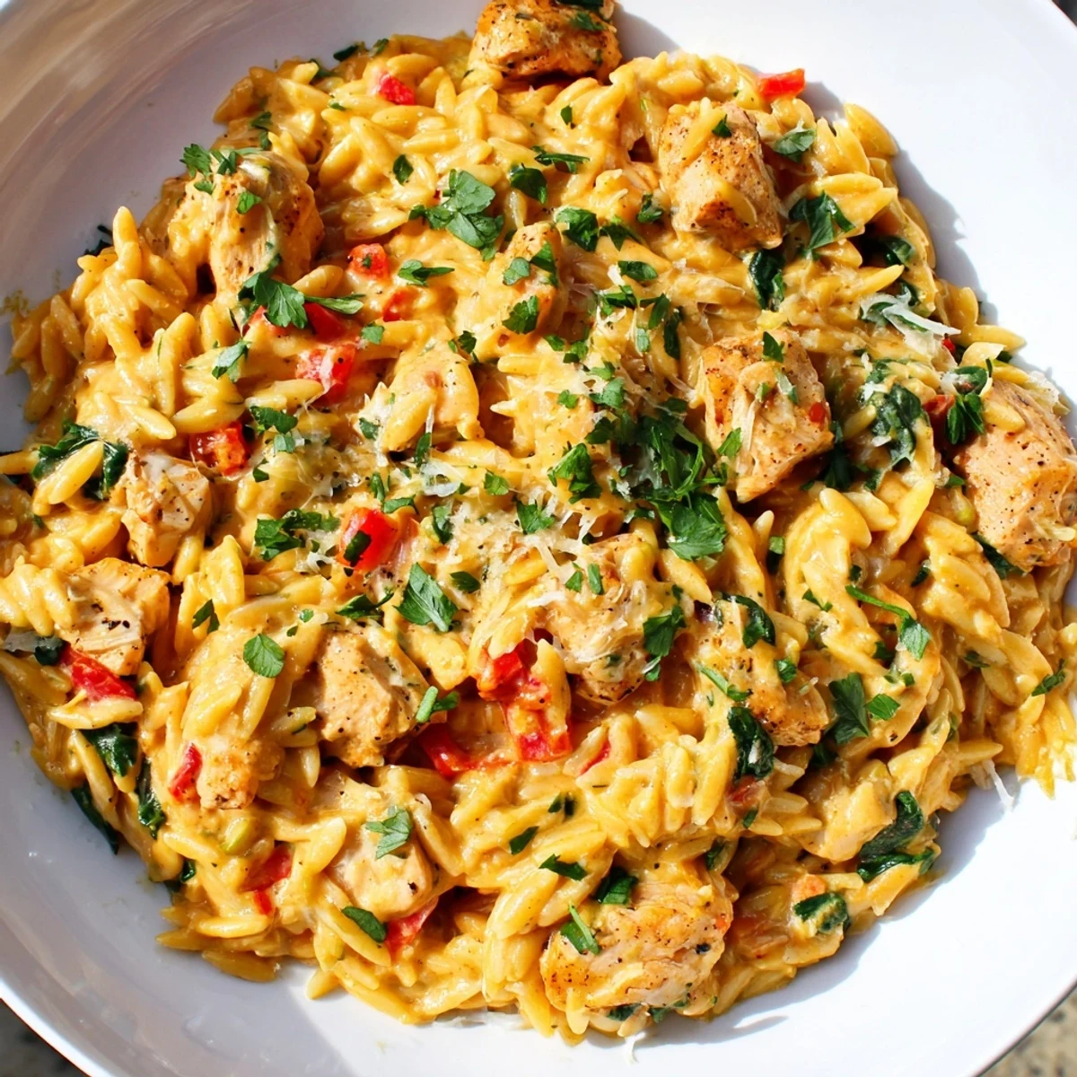 Golden brown chicken pieces nestled in rich, spicy One Pot Cajun Chicken Alfredo Orzo