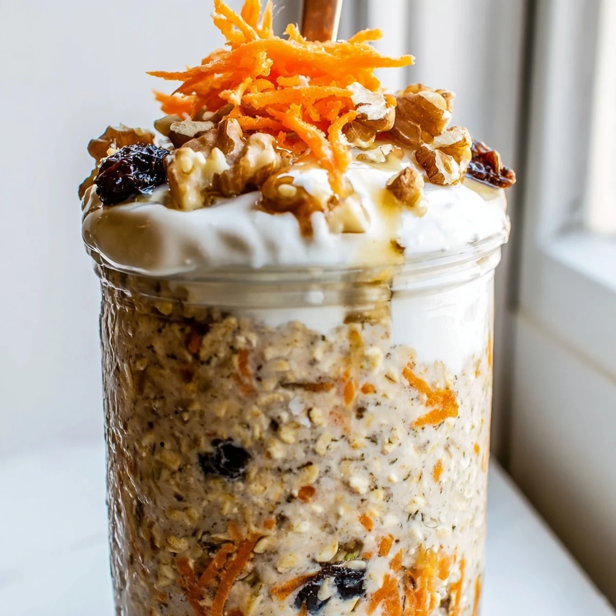 Creamy carrot cake overnight oats topped with crunchy walnuts and a sprinkle of cinnamon
