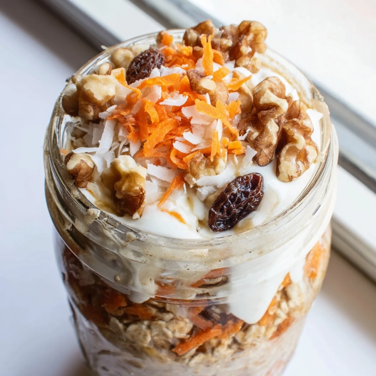 Spiced carrot cake overnight oats served in a bowl with yogurt and maple drizzle