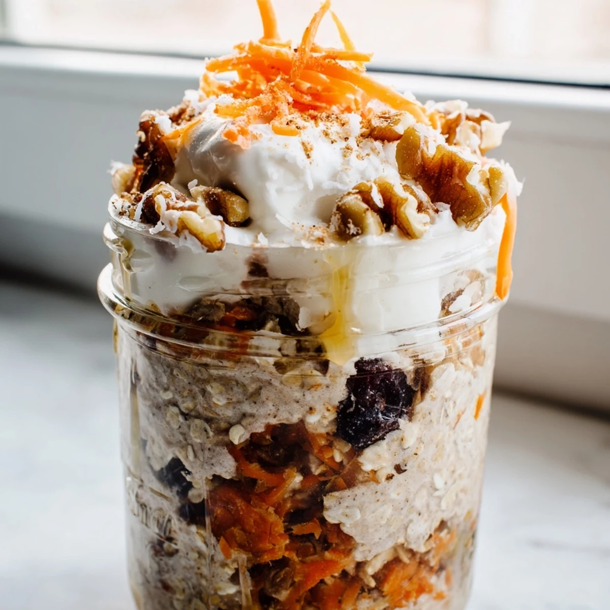 Carrot cake overnight oats in a jar with grated carrots raisins and coconut shreds