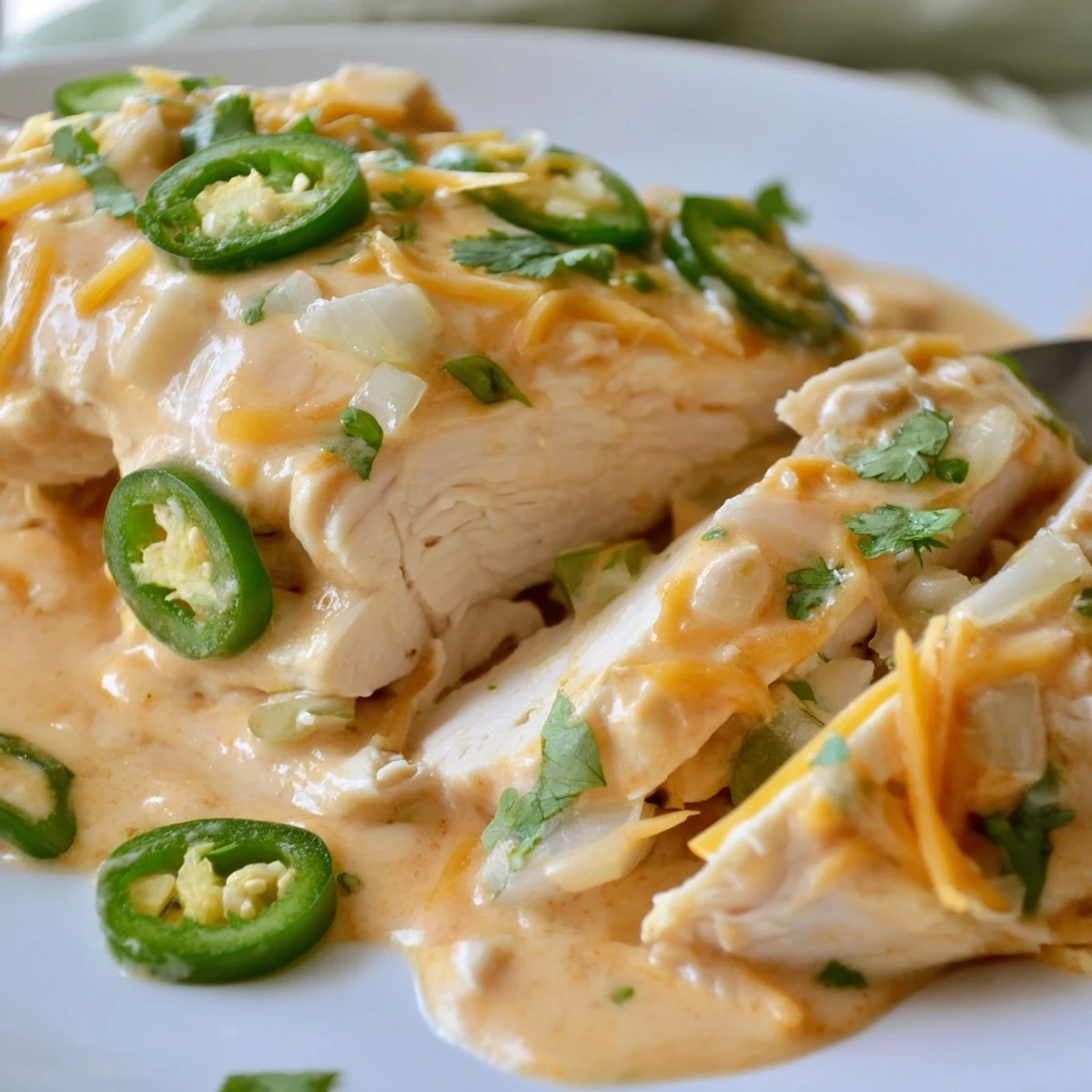 Golden jalapeño chicken breasts draped in melted Monterey Jack cream sauce with fresh cilantro