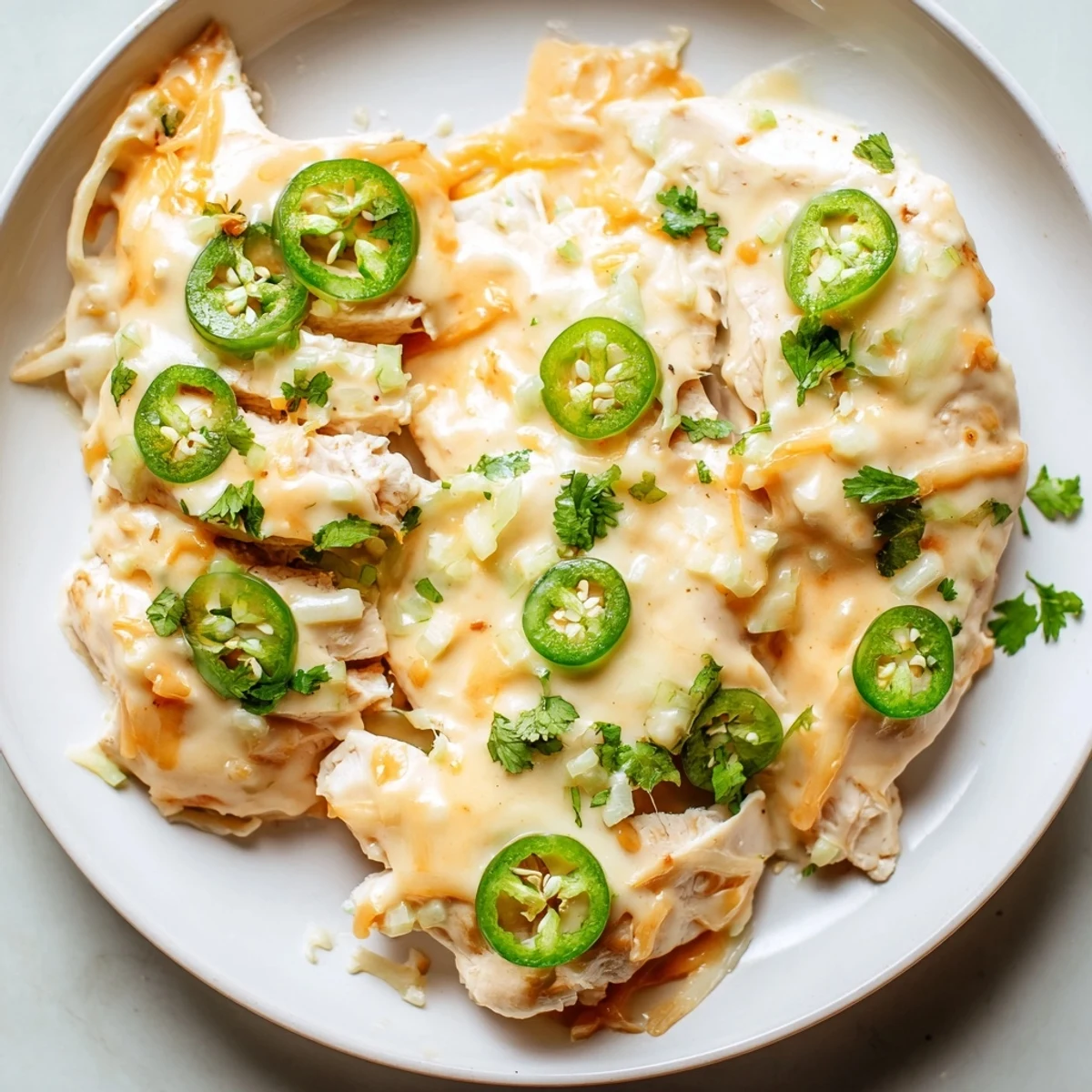 Spicy jalapeño chicken simmering in a rich garlic cream sauce inside a cast iron skillet