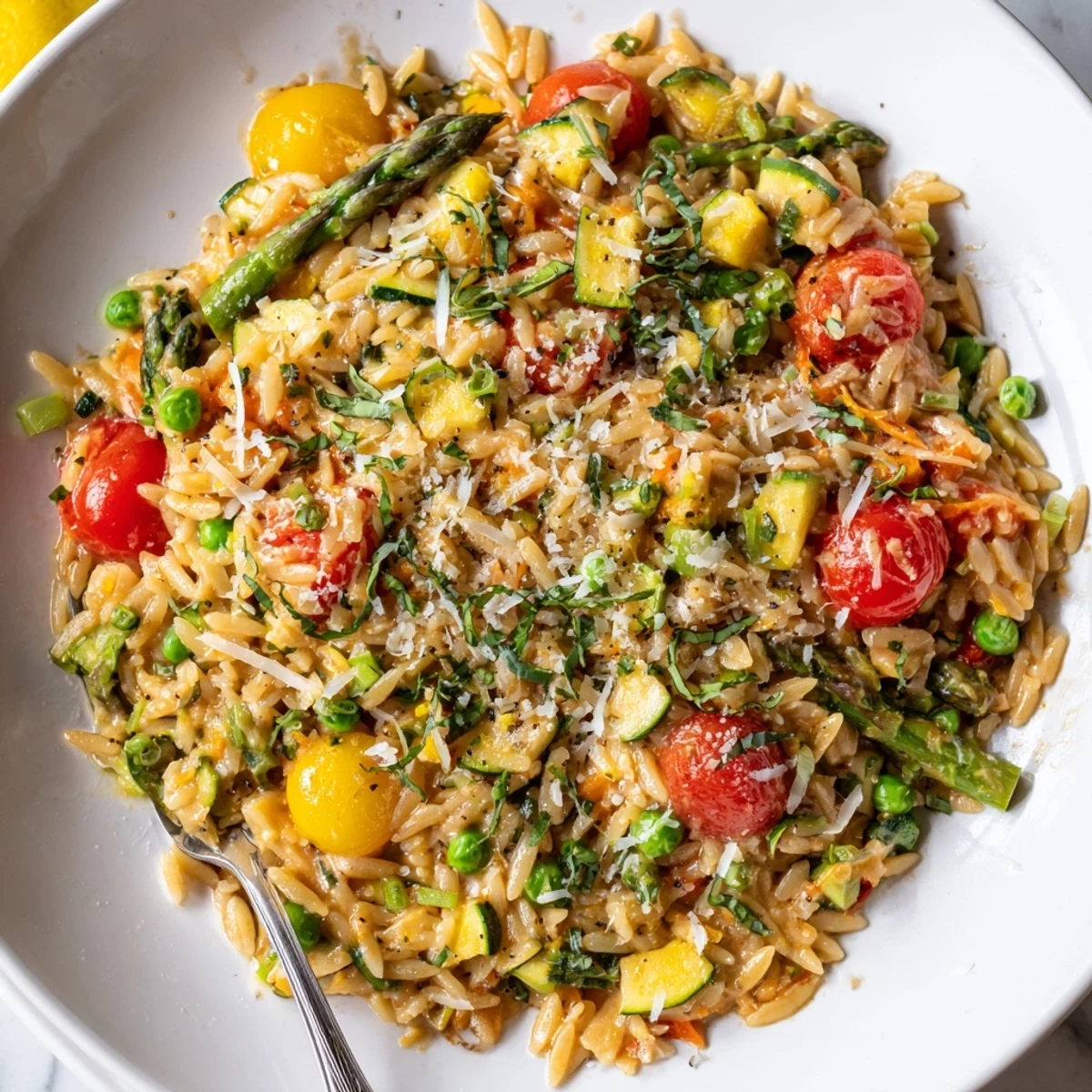 Creamy Orzo Primavera tossed with colorful spring vegetables in a bright lemon herb sauce