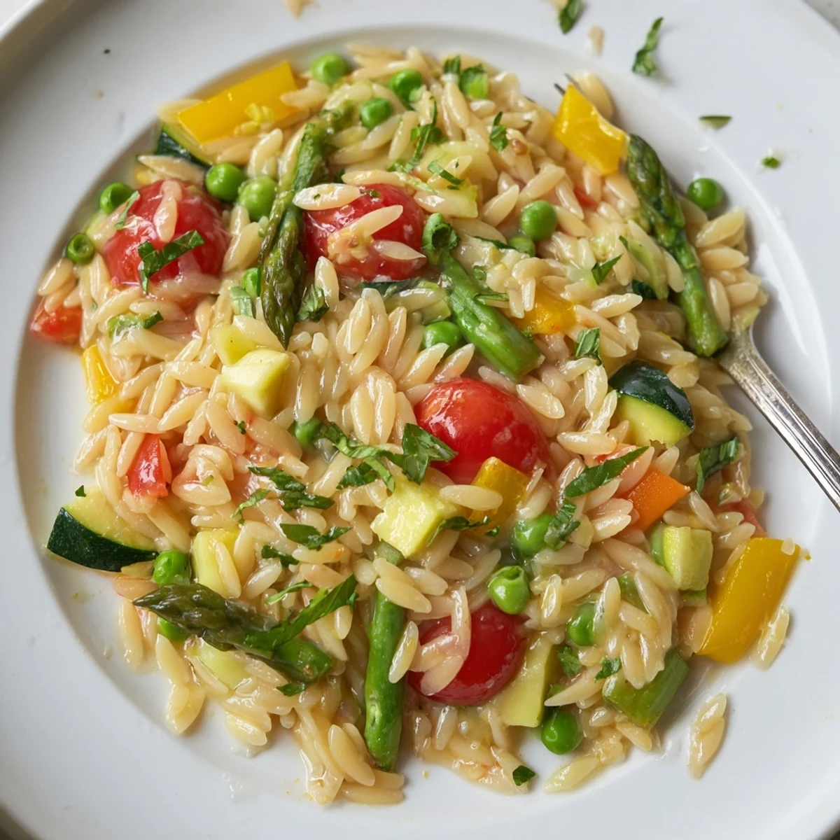 Tender Orzo Primavera studded with zucchini bell peppers and cherry tomatoes in skillet