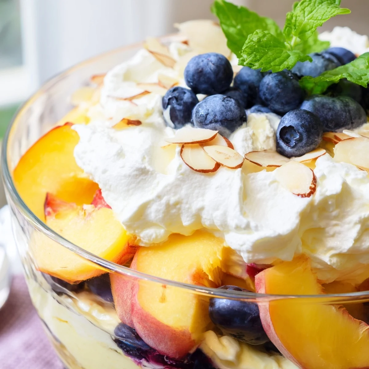 Creamy peaches and cream salad topped with fresh mint and sliced almonds