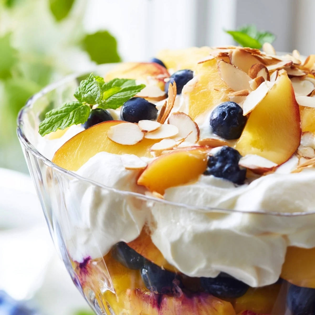 Juicy sliced peaches layered with vanilla whipped cream in elegant serving glasses