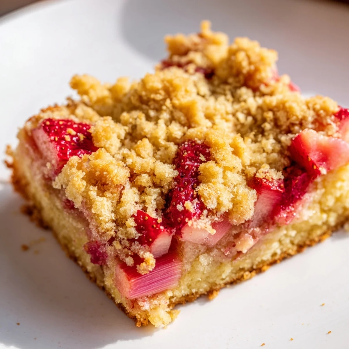 Juicy strawberries and rhubarb top this warm Ultimate Spring Baking Treat slice