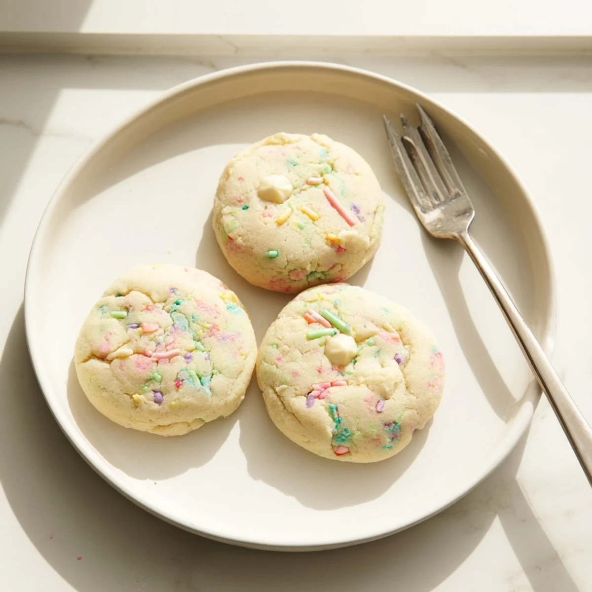 Soft pastel white chocolate cookies with creamy chips and colorful sprinkles on rustic baking sheet