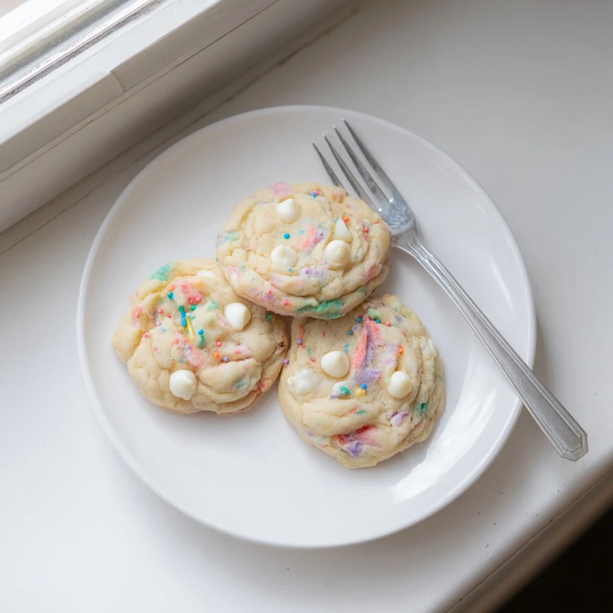 Golden edged pastel white chocolate cookies loaded with vanilla chips and candy sprinkles displayed