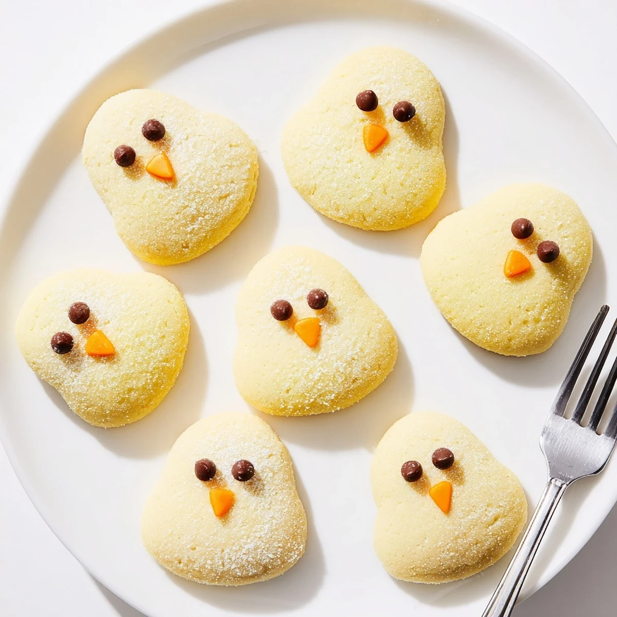 Adorable chick cookies with bright yellow frosting and cute candy faces on a rustic baking sheet