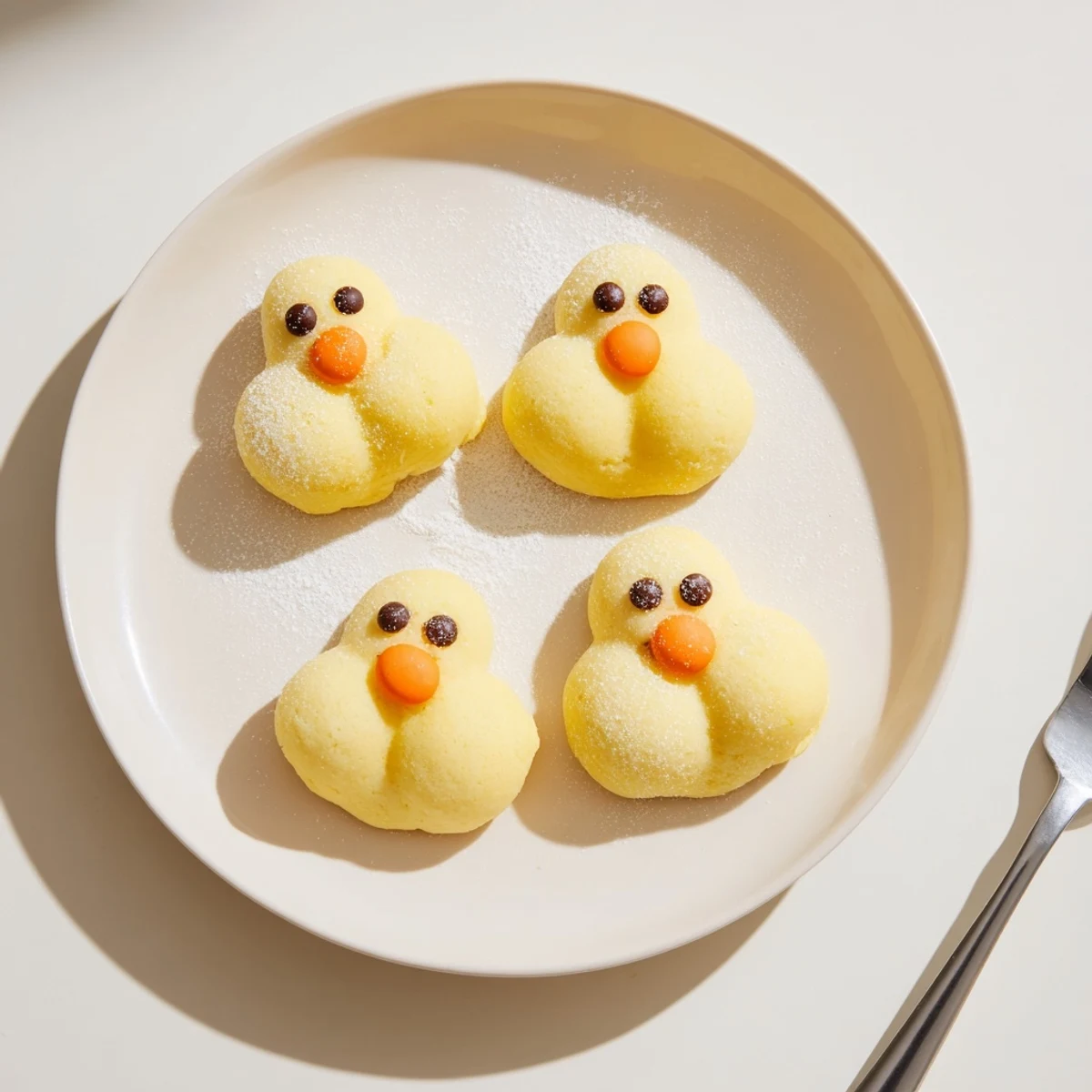 Golden chick cookies decorated with chocolate chip eyes and orange candy beaks for spring celebrations