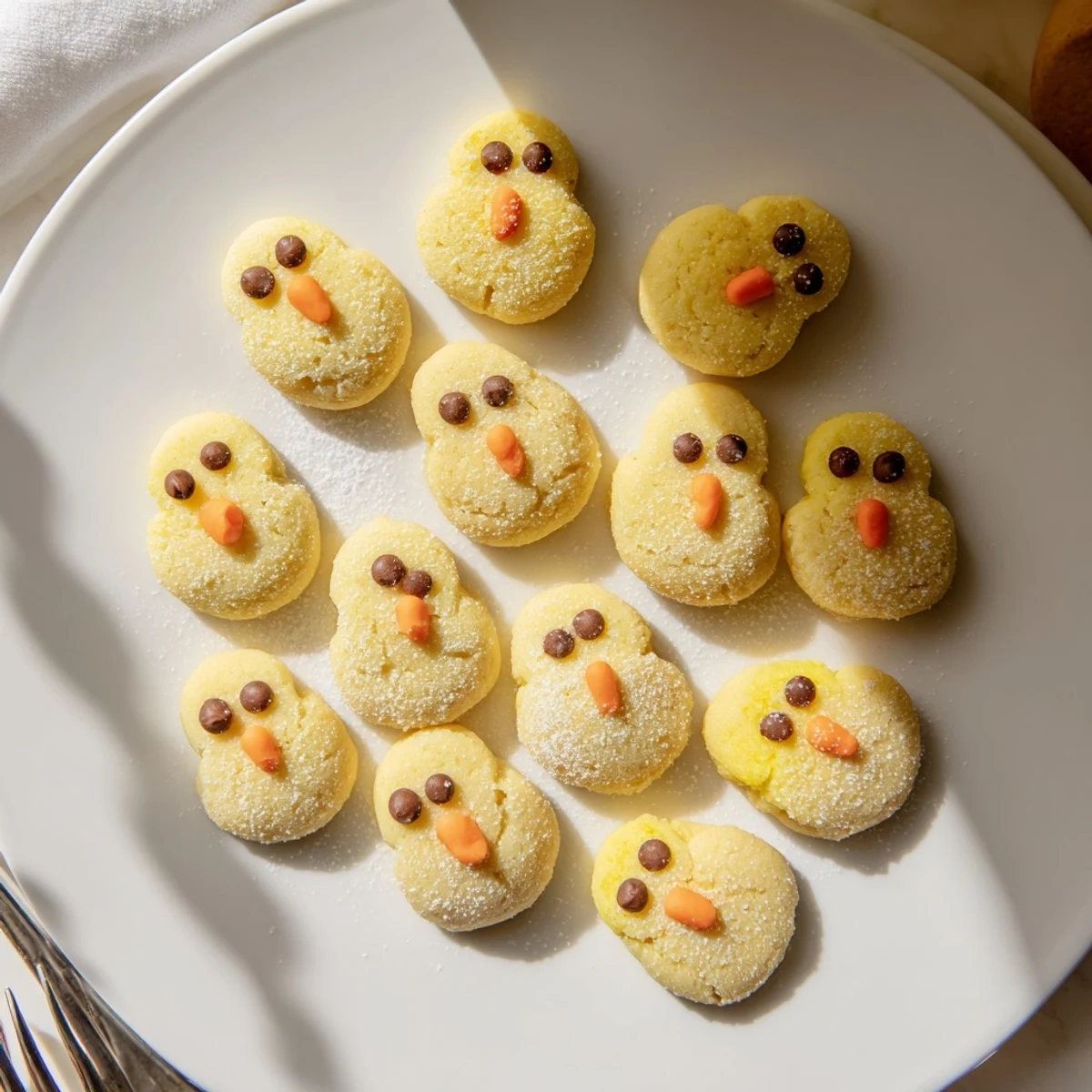 Buttery yellow chick-shaped sugar cookies arranged on a white platter with pastel sprinkles for parties
