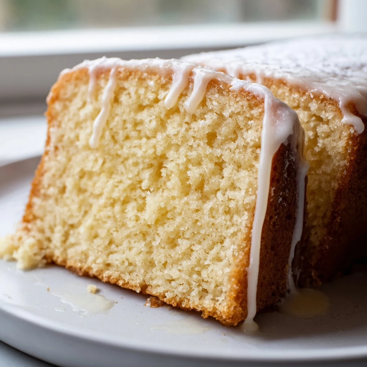 Golden church cake with vanilla glaze drizzled over a moist, tender sponge ready to serve