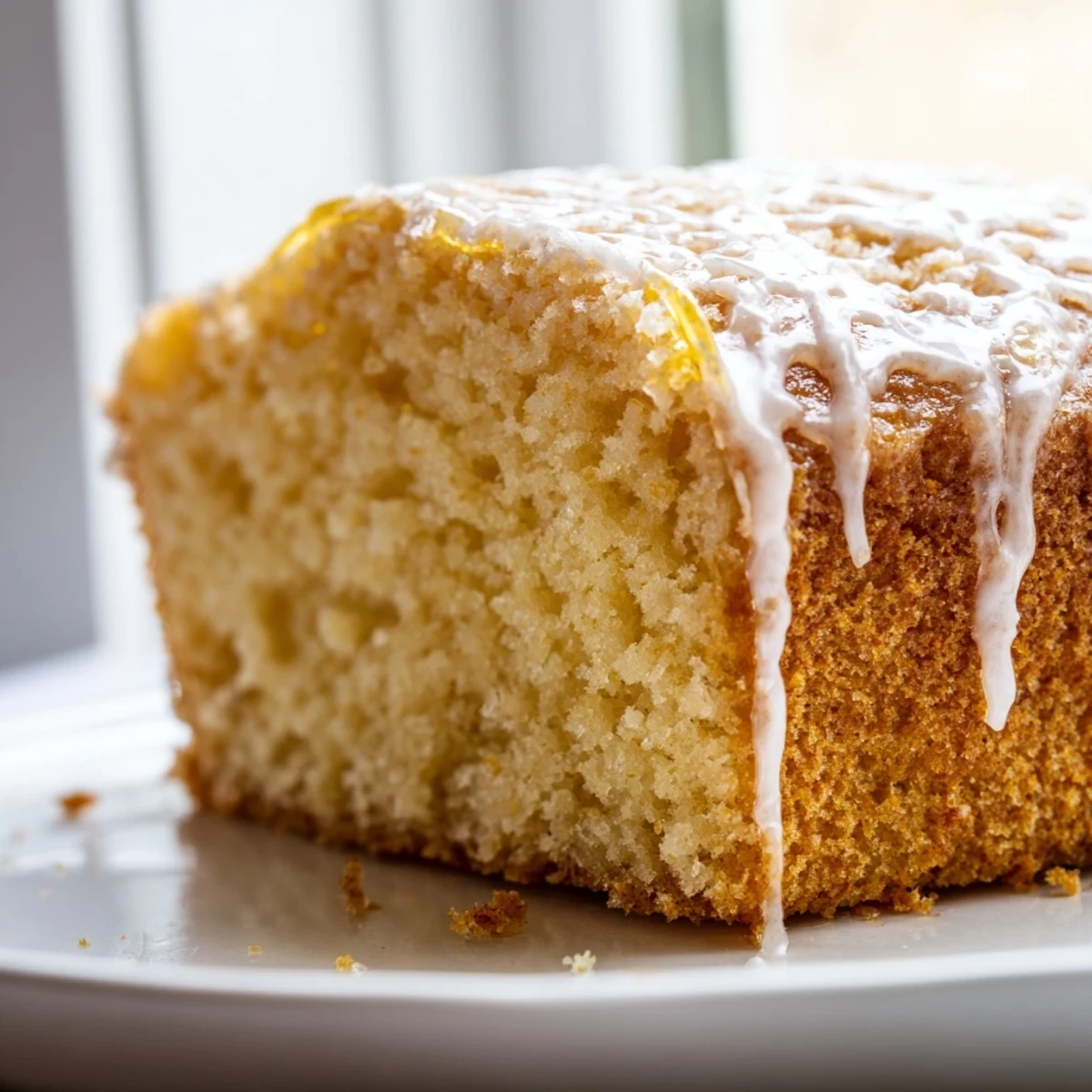Classic American church cake sliced on a white plate with sweet vanilla icing dripping down