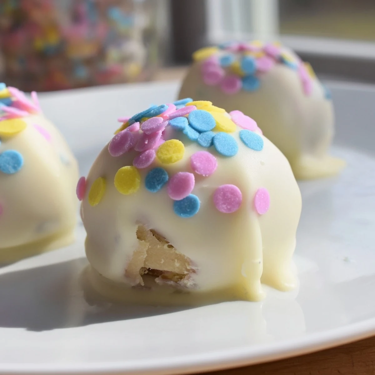 Creamy Banana Pudding Easter Truffles coated in white chocolate with colorful festive sprinkles