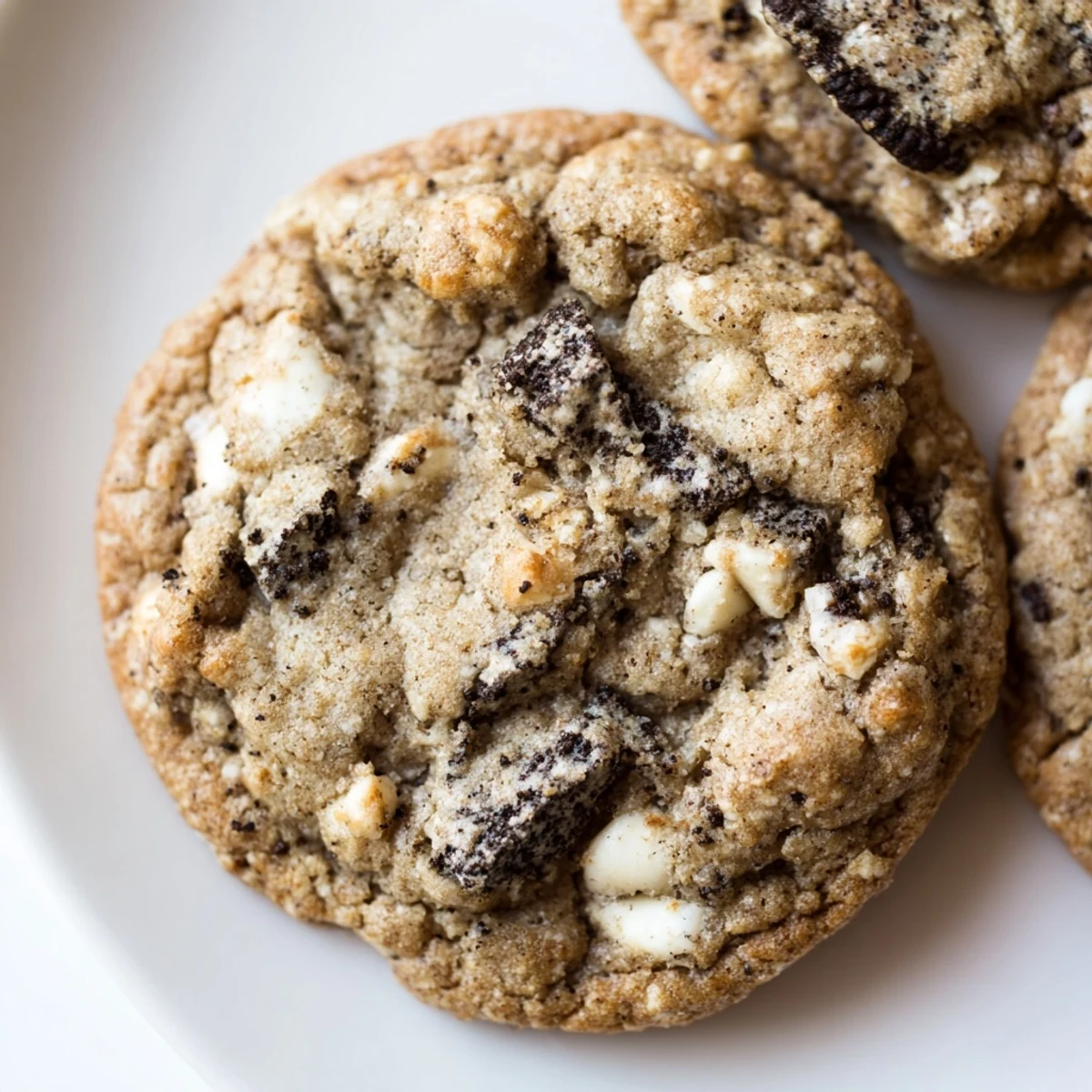 Soft chewy cookies and cream cookie with white chocolate chips and crushed Oreo pieces on rustic baking sheet