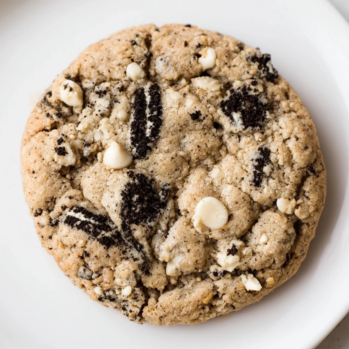 Freshly baked cookies and cream cookie showcasing golden edges and creamy white chocolate chunks throughout