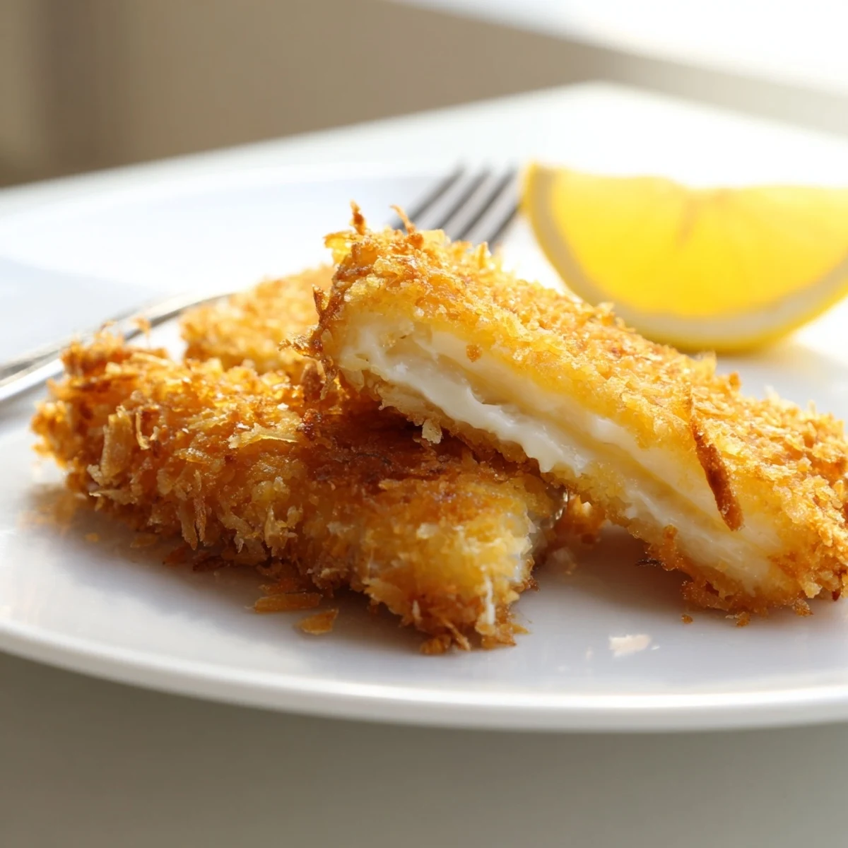 Golden crispy Greek fried cheese sizzling in pan with fresh lemon wedges nearby