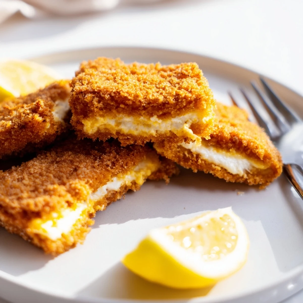 Crispy Greek fried cheese with melty center served hot on white plate