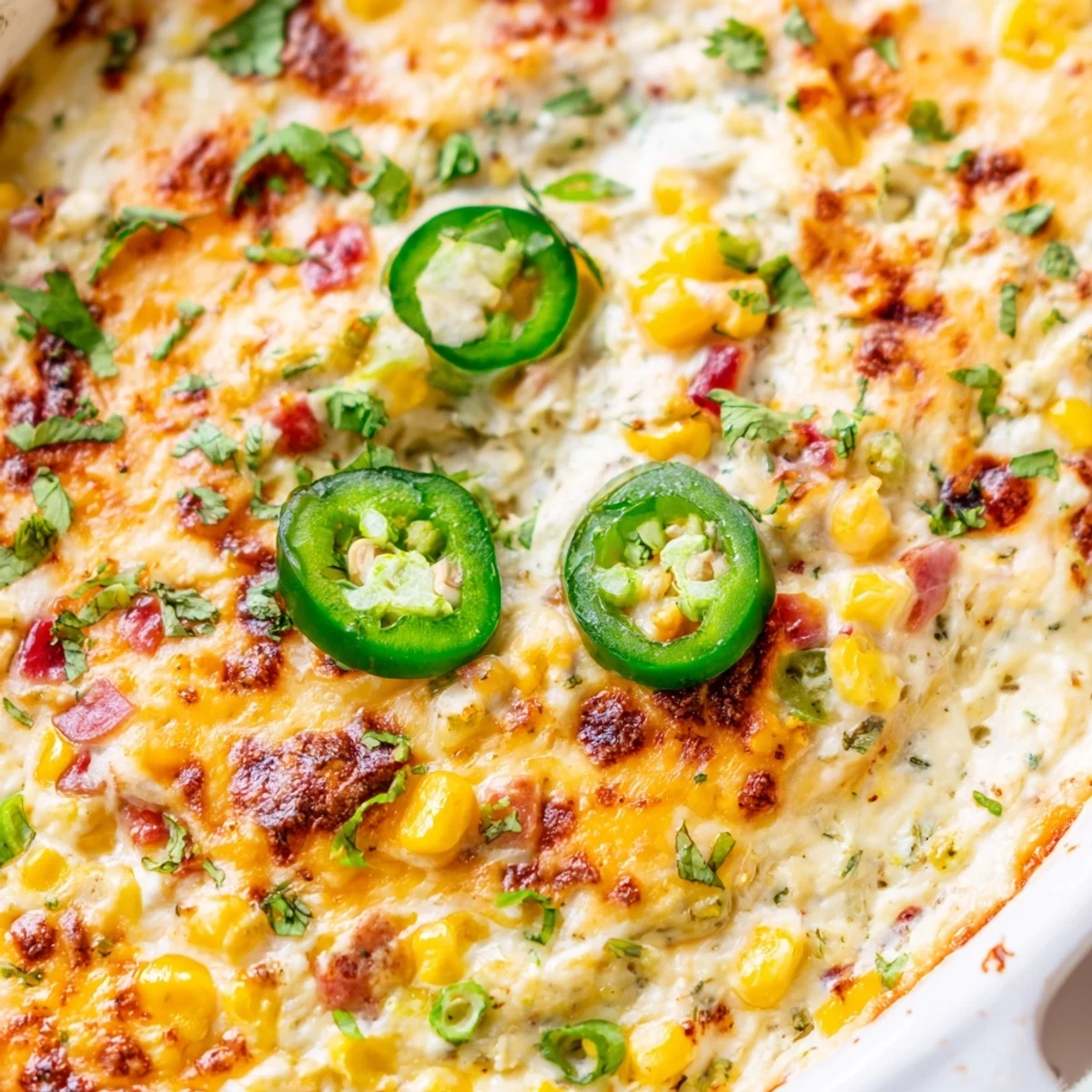 Creamy Spicy Roasted Jalapeno Cowboy Cream Cheese Dip bubbling in a cast iron skillet with golden melted cheese topping
