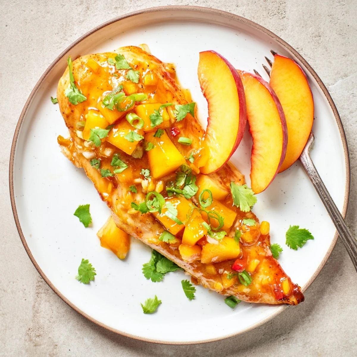 Golden seared jalapeno peach chicken glazed with glossy sweet-spicy sauce on white plate