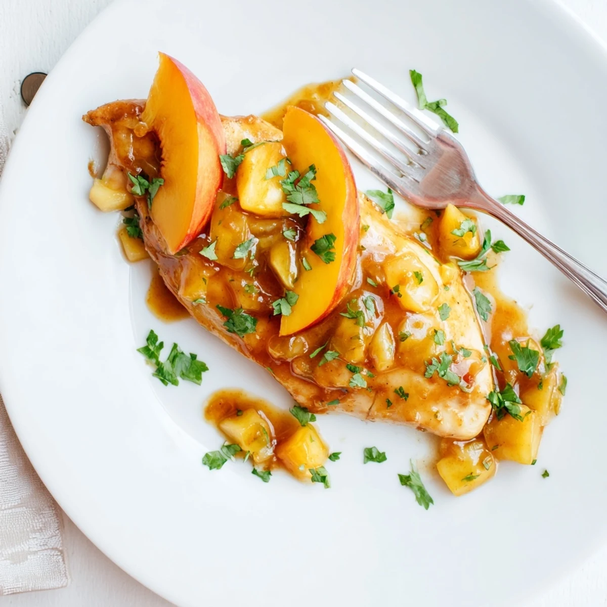 Juicy jalapeno peach chicken topped with fresh peach slices and chopped cilantro garnish
