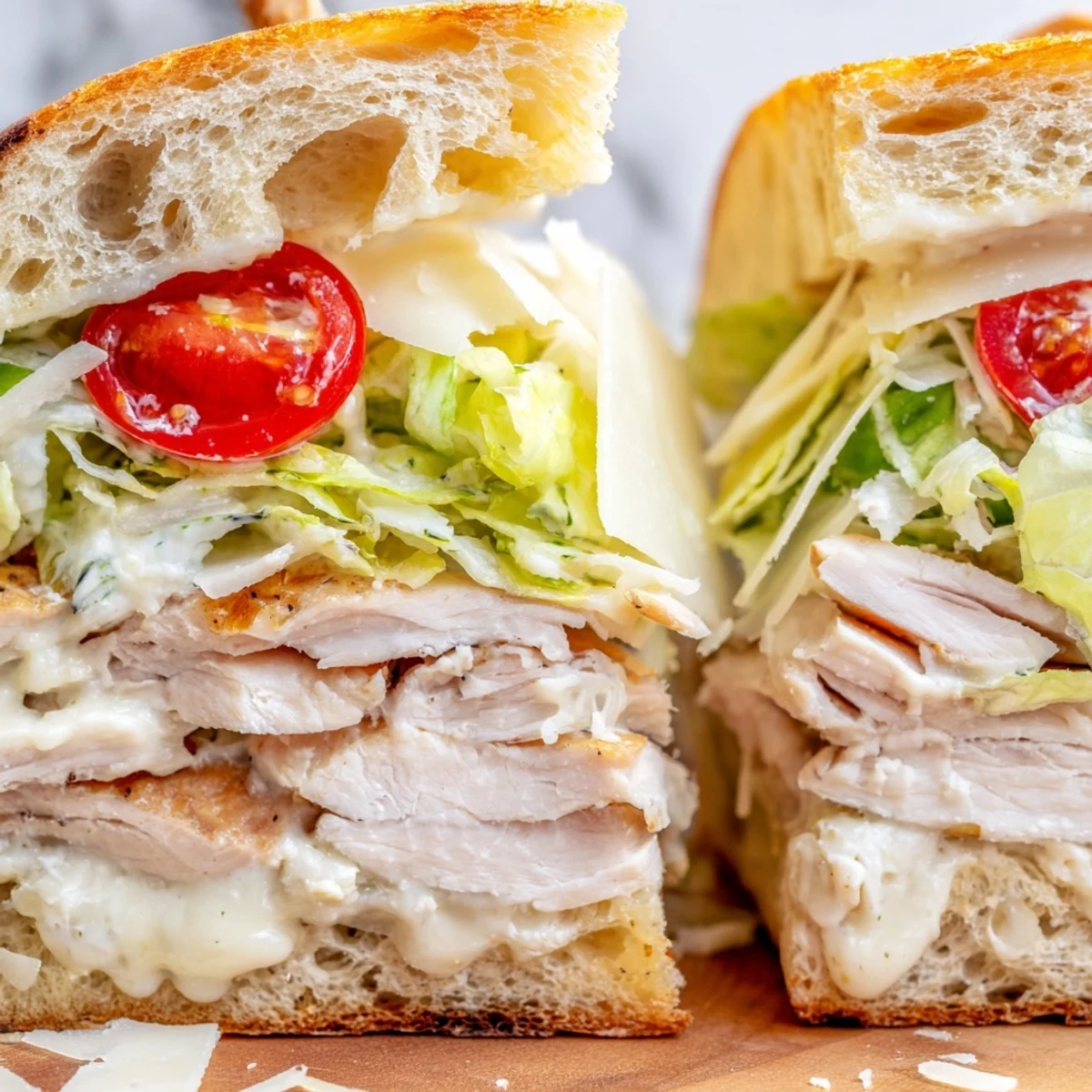 Juicy grilled Chicken Caesar Sandwich with crisp romaine and creamy dressing on golden toasted ciabatta