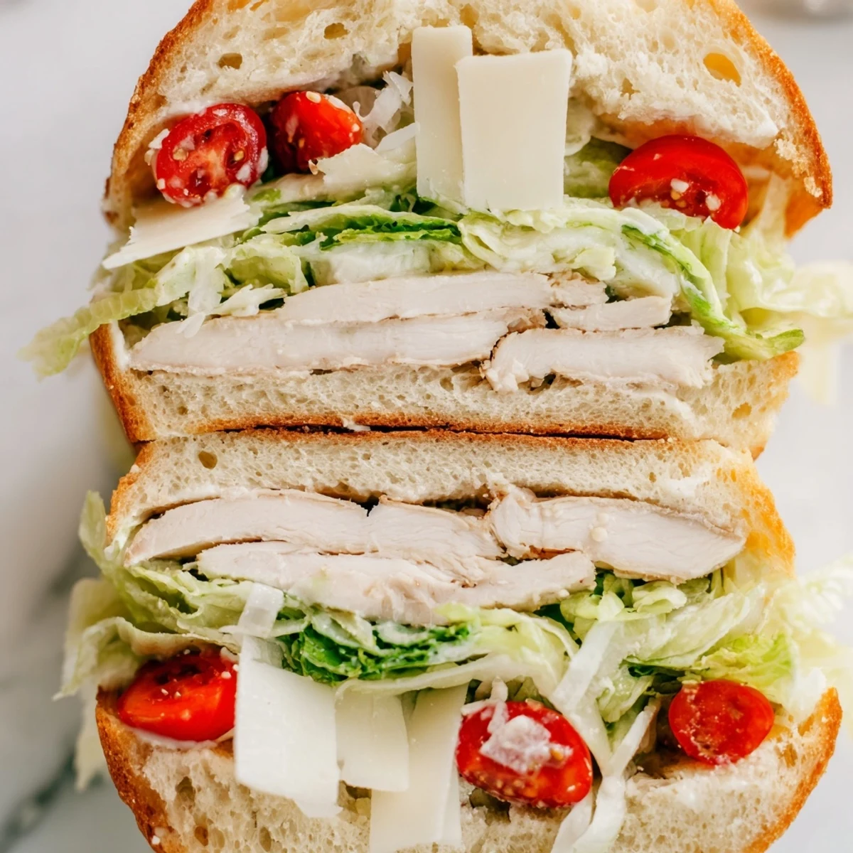Toasted Chicken Caesar Sandwich layered with shaved Parmesan, fresh lettuce, and tangy homemade Caesar dressing